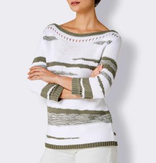 3/4 Arm-Pullover mit Lochmuster weiß-khaki