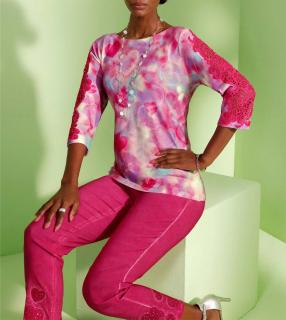 3/4 Arm-Pullover mit Spitzeneinsatz rosé-pink-bedruckt