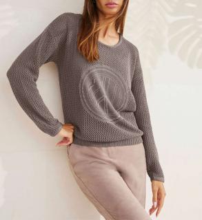 Ajourpullover mit Glitzersteinchen taupe