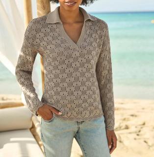 Ajourpullover mit Polokragen sesam