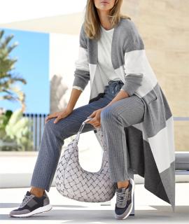 Blockstreifen-Strickmantel steingrau-ecru