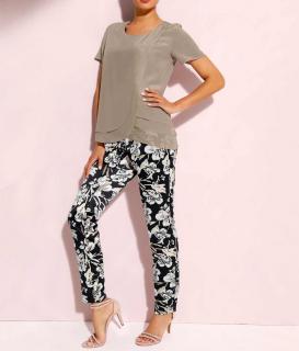 Blüten-Print-Hose mit Seide schwarz-ecru