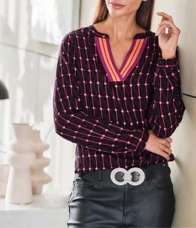 Designer-Druckbluse schwarz-magenta-orange