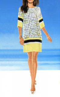 Designer-Druckkleid weiß-gelb