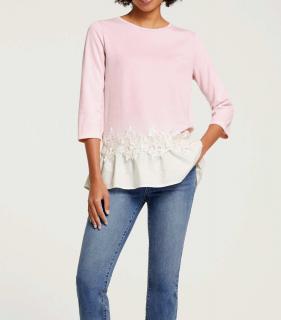 Designer-Shirt mitSpitzen-Applikation rosa-ecru