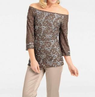 Designer-Spitzenshirt mit Pailletten taupe