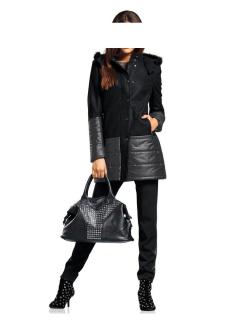 Designer-Wollmantel mit Webpelz schwarz