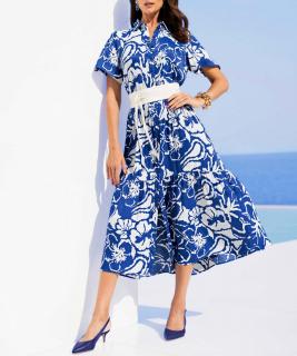 Druckkleid mit Hemdkragen und Glockenärmel royalblau-ecru