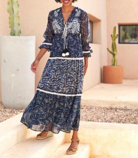 Druckkleid mit Pailetten-Verzierung dunkelblau-sand