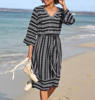 Druckkleid mit Volant schwarz-ecru