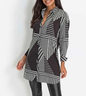 Hemdkragen-Longbluse weiß-schwarz-bedruckt