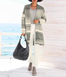 Kuschel-Longstickjacke ecru-grau