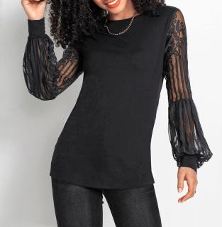 Langarmshirt mit transparenten Spitzen-Ärmeln schwarz