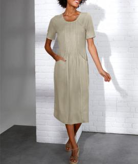 Lyocell-Kleid mitBiesen und Spitzenborte sesam