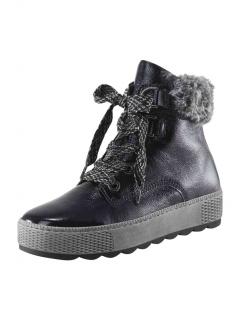 Marken-Lackleder-Stiefelette mit Webpelz marine