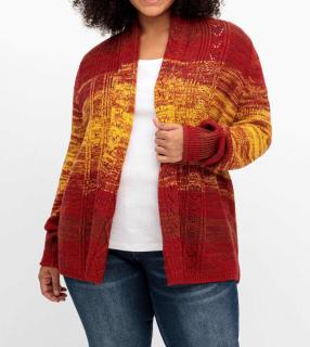 Marken-Strickjacke mit Schalkragen weinrot-gelb