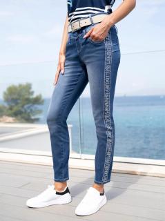 Push-up-Jeans mit Ziersteinen-Schriftzug blue