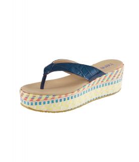 Rind-Lackleder-Pantolette blau-beige-gelb