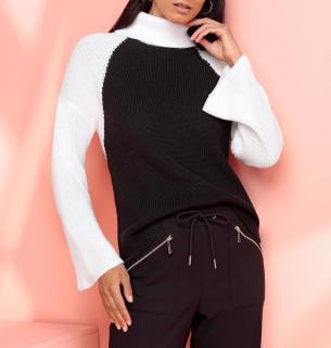 Rollkragenpullover mit Trompetenärmeln schwarz-ecru