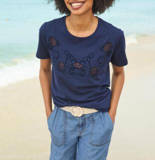 Shirt mit Lochmuster und Zierperlen marine