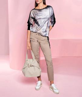 Stretchhose mit Bindeband und Zipper-Details sesam