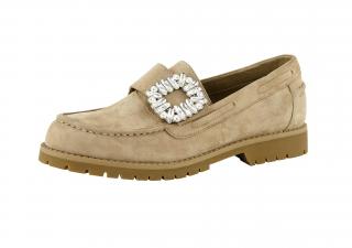 Veloursleder-Slipper mit Strassschnalle beige