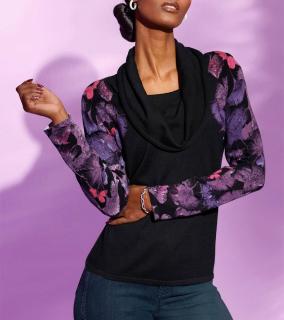 Wasserfallpullover mit Druck schwarz-flieder