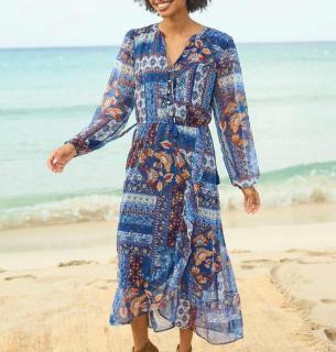 Wickel-Chiffonkleid mit Volants marine-ocker