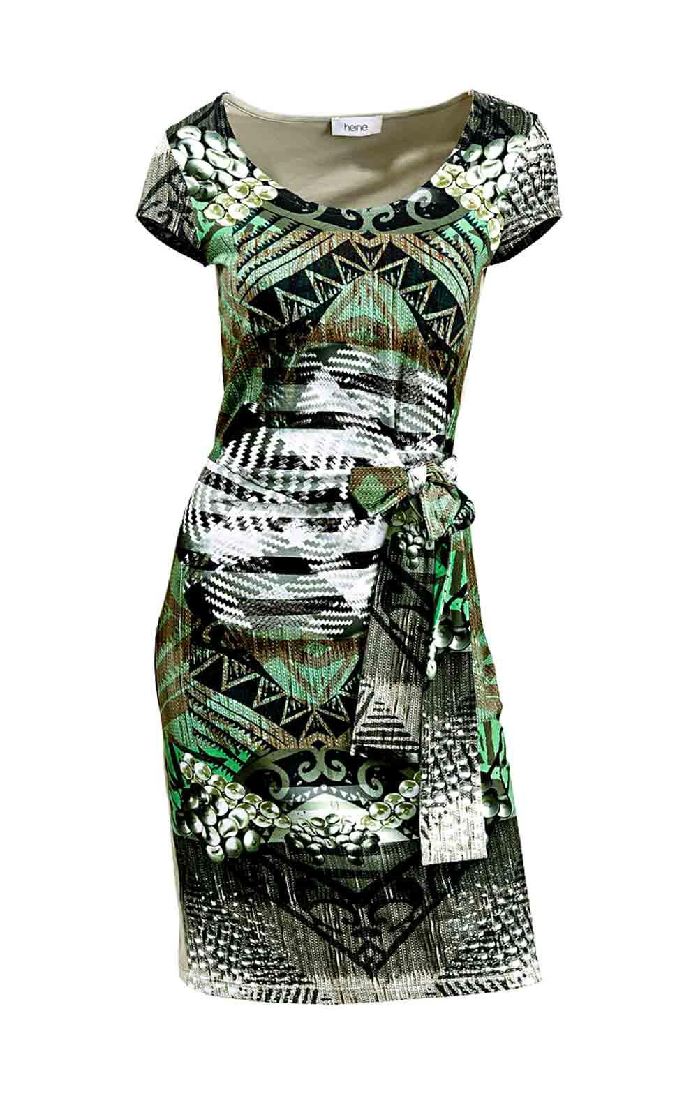 Kleid mit Bindegürtel grün-bunt  Kleider  Outlet Mode-Shop