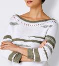 3/4 Arm-Pullover mit Lochmuster weiß-khaki