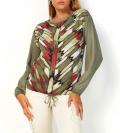 Bluse mitBindeband khaki-rostrot-bedruckt