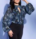 Chiffon-Druckbluse schwarz-royalblau
