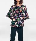 Designer-Bluse mit Volants marine-bunt