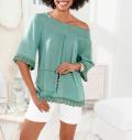 Designer-Crinklebluse mit Spitzenbesatz salbei