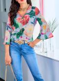 Designer-Druckbluse mit3/4-Volantärmeln hellblau-hummer