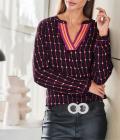 Designer-Druckbluse schwarz-magenta-orange