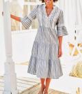 Designer-Kleid ecru-dunkelblau