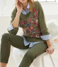 Designer-Pullover mit Blumenstickerei khaki