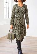 Designer-Volantkleid khaki-oliv-bedruckt