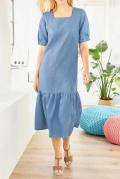 Designer-Volantkleid mit Leinen jeansblau