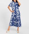 Druckkleid mit Hemdkragen und Glockenärmel royalblau-ecru