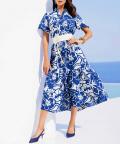Druckkleid mit Hemdkragen und Glockenärmel royalblau-ecru