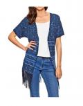 Druckstrickjacke mit Fransen blau-bunt