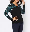Feinstrickpullover mit platziertem Druck schwarz-petrol