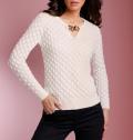 Kaschmir-Woll-Ajourpullover mit Zierkette ecru
