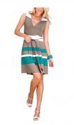 Kleid mit Gürtel taupe-türkis-weiß
