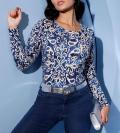 Ornamentik-Druckpullover ecru-marine