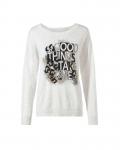 Pullover mit Statementprint und Ziersteinchen ecru