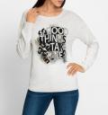 Pullover mit Statementprint und Ziersteinchen ecru