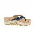 Rind-Lackleder-Pantolette blau-beige-gelb